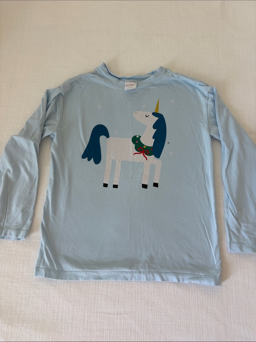 Hanna Andersson Light Blue Unicorn Long Sleeve Top with Navy Mane and Gold Horn
